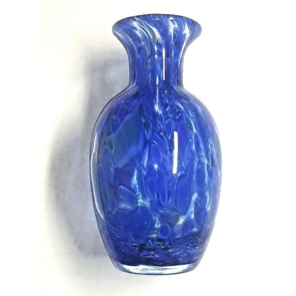 Art Glass vase Splatter Mottled/Thumb print blue White Murano style 9